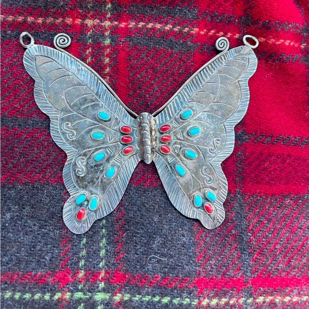 Vintage Native silver turquoise coral butterfly Pendent.